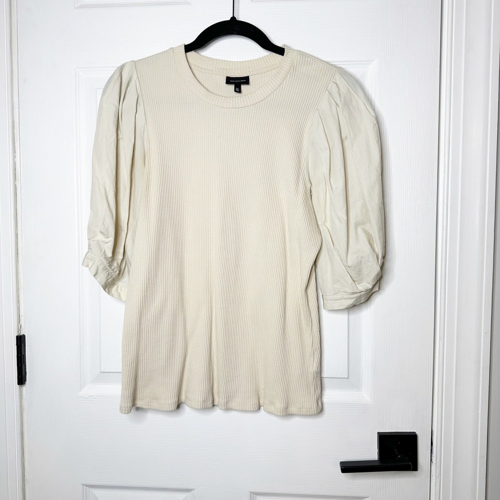 Who What Wear Puff‎ Sleeve Top Womens Medium Cream Ribbed Mixed Media
